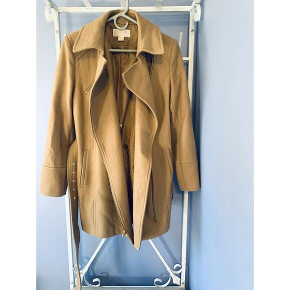 Michael Kors Wool belted coat camel zip up M preppy old money quiet luxury - Picture 8 of 10